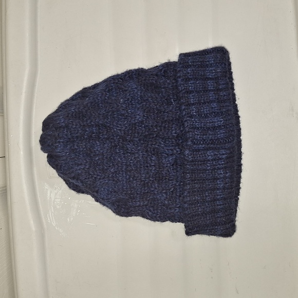 Aran wool cable knit beanie cap hat - navy blue - Picture 2 of 5